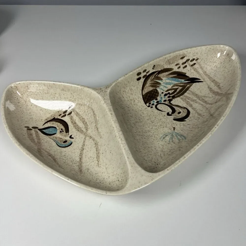 Vintage Mid-Century Red Wing Pottery Bob White  Boomerang,  Divided Serving Dish